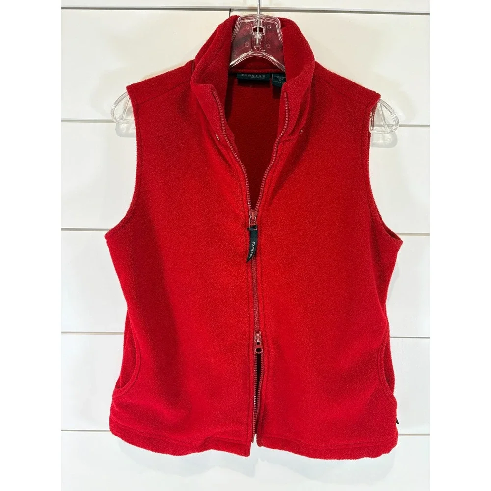 Express Women's Medium Red Fleece Full Zip Camping Travel Hiking Fall Vest